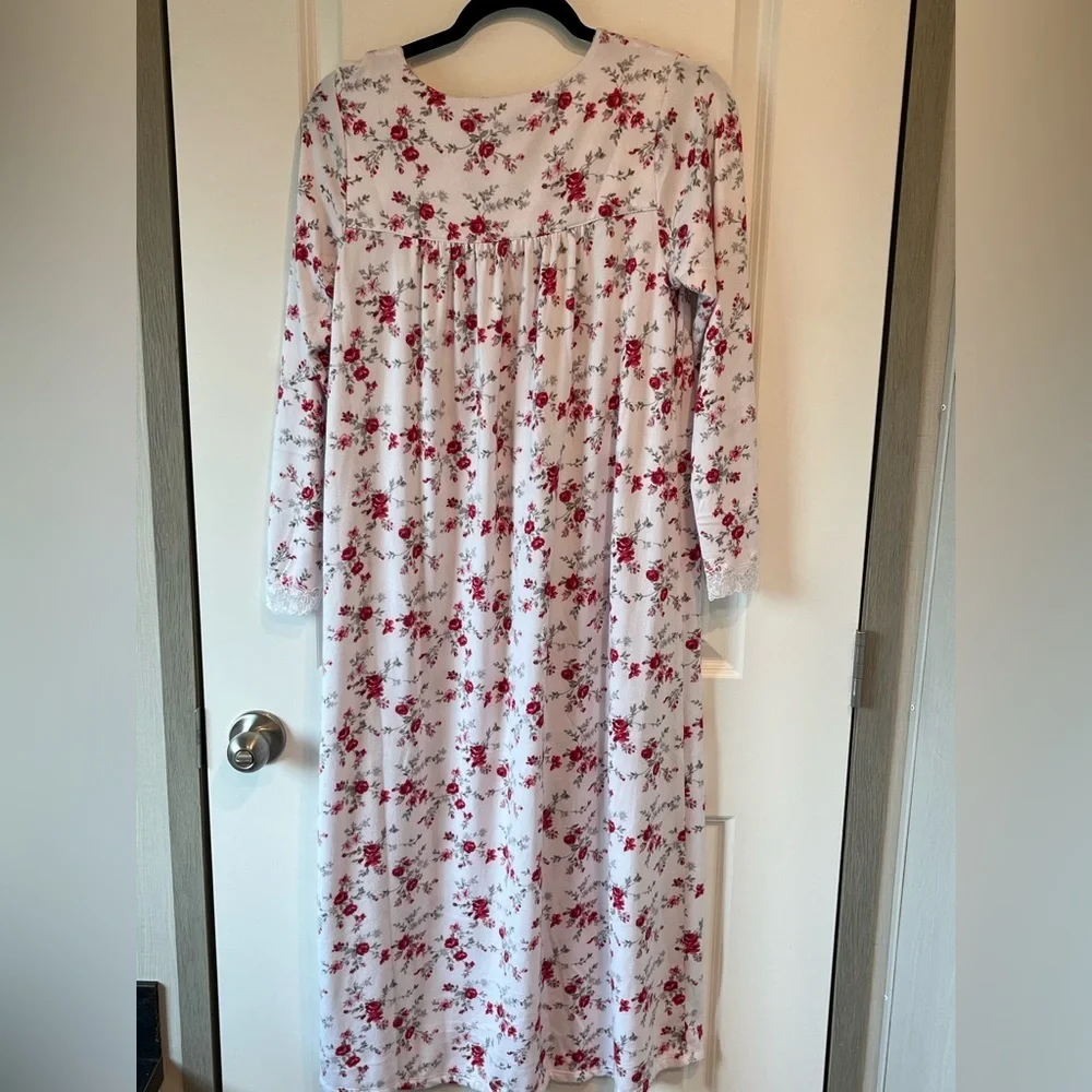 EILEEN WEST Multi Floral Soft Midi NIGHTGOWN XS Lace Trim Cottagecore